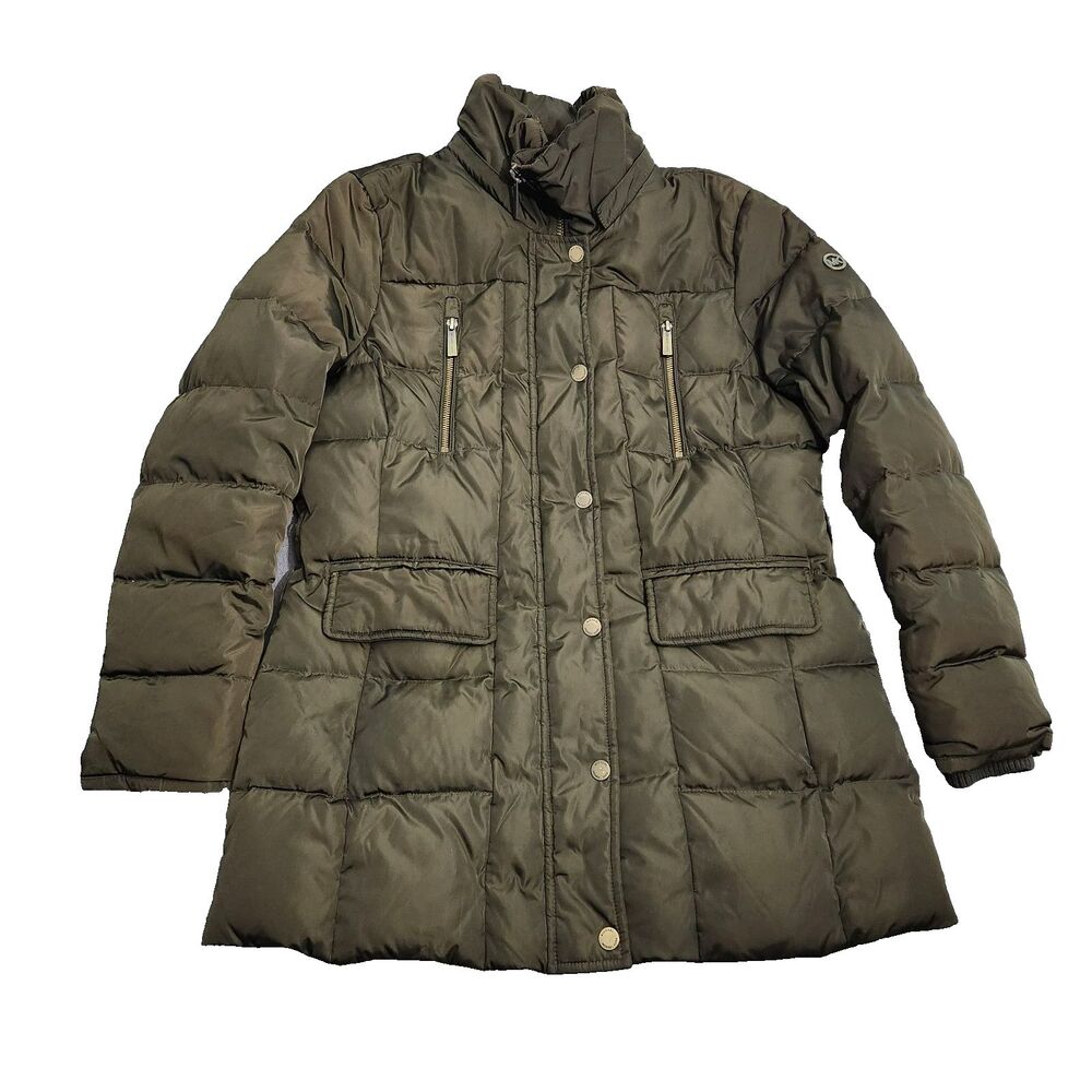 Michael Kors Coat Women LP Army Green Down Quilted Puffer Winter